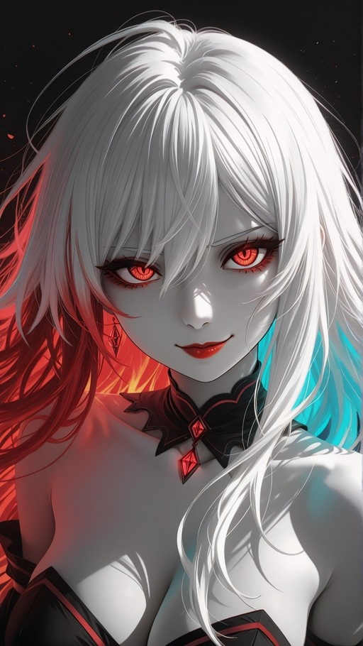 A close-up digital illustration of the anime character Acheron with long white hair, glowing red eyes, and a black collar featuring a red gem.