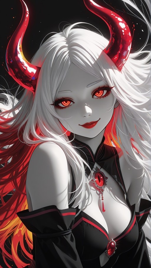A digital illustration of a smiling pale demoness with long white hair, large glossy red horns, and glowing red eyes, wearing a black dress with a red gem brooch.