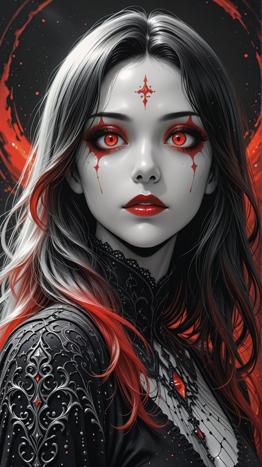 A pale-skinned anime-style woman with bright red eyes and long black hair with white streaks. She has a red mark on her forehead and red makeup dripping from her eyes, wearing intricate black gothic armor against a dark background.