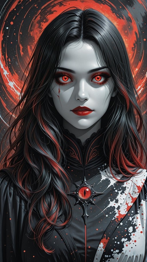 A portrait of a pale woman with long black hair and glowing red eyes, wearing a black gothic outfit with an eye brooch and a single tear of blood on her cheek.