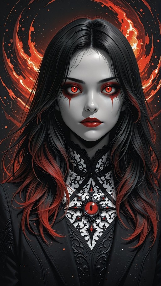 A pale-skinned woman with long black and red hair and glowing red eyes stares forward while blood-like tears drip from her face; she wears an ornate black jacket over a white lace top with a large eye brooch against a swirling fiery backdrop.