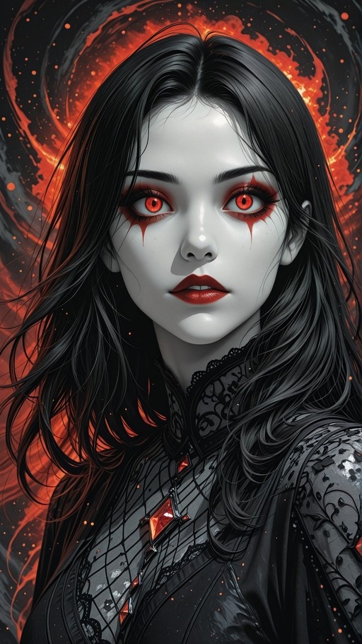 A close-up portrait of a pale woman with long black hair and glowing red eyes, wearing a dark lace dress with a red gemstone pendant against a swirling orange and black background.