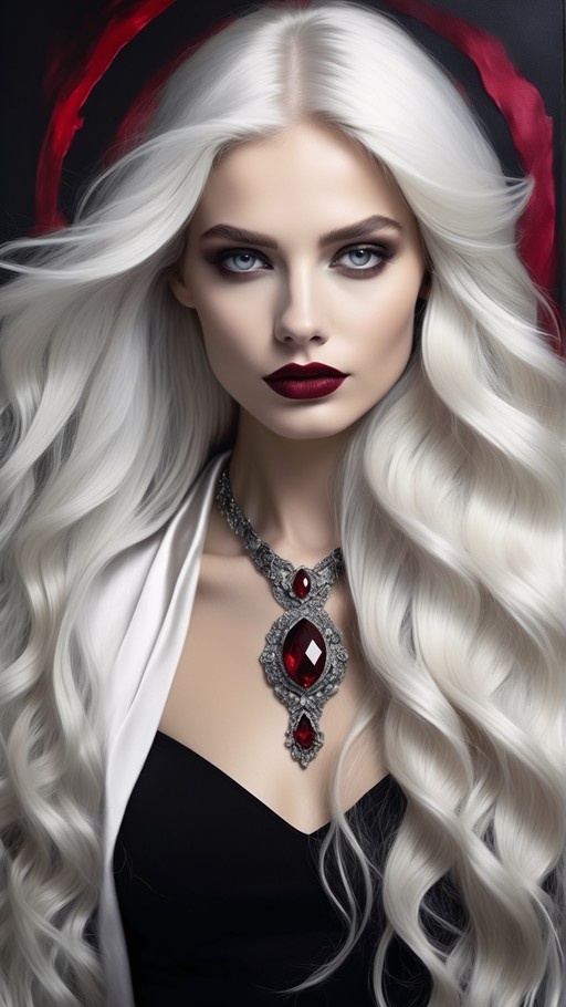 A close-up digital portrait of a pale woman with long wavy white hair, wearing red lipstick and an elaborate silver necklace with large red gemstones.