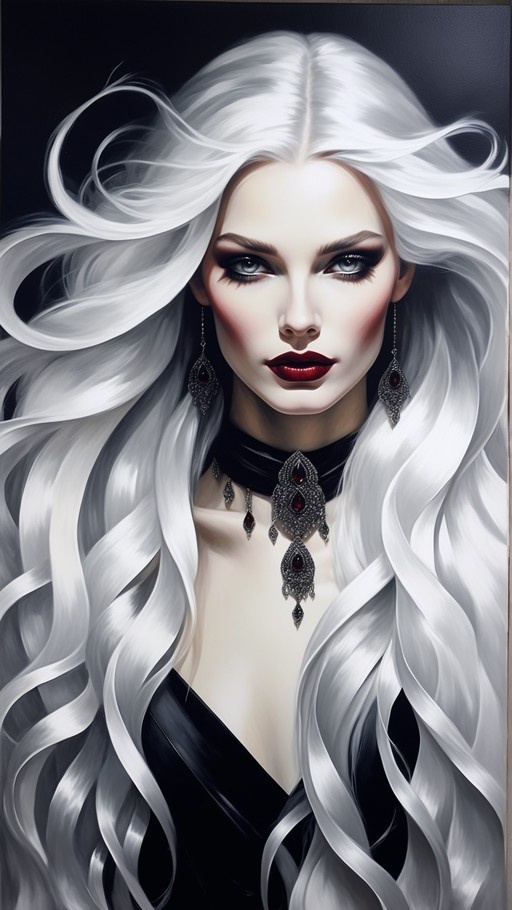 A realistic digital painting of a woman with long flowing white hair, wearing ornate silver and ruby jewelry and bold red lipstick against a black background.