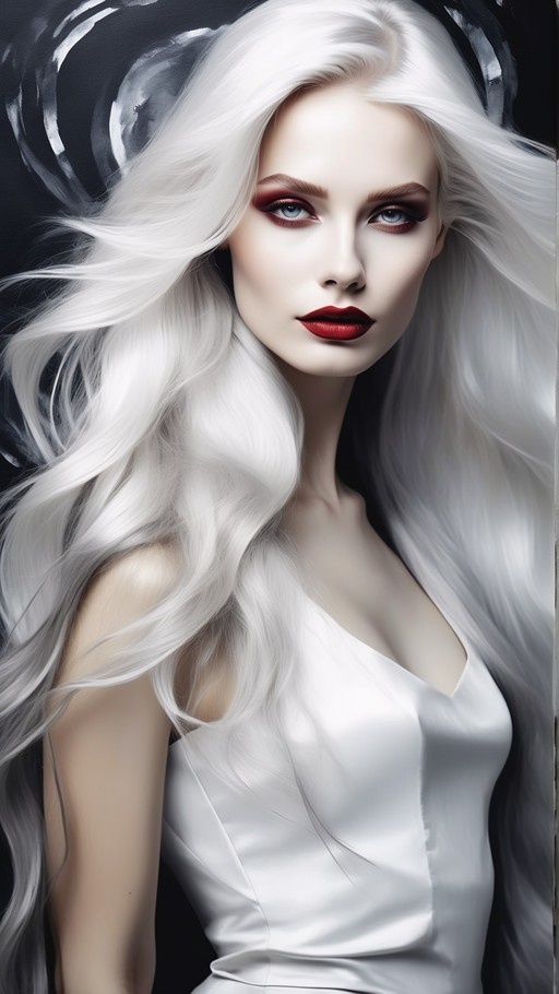 A portrait of a woman with long flowing white hair, pale skin, and bold red lipstick, wearing a white V-neck dress against a dark background.