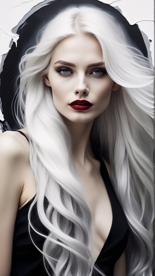 Realistic portrait of a woman with long white wavy hair, blue eyes, and red lipstick wearing a black dress.