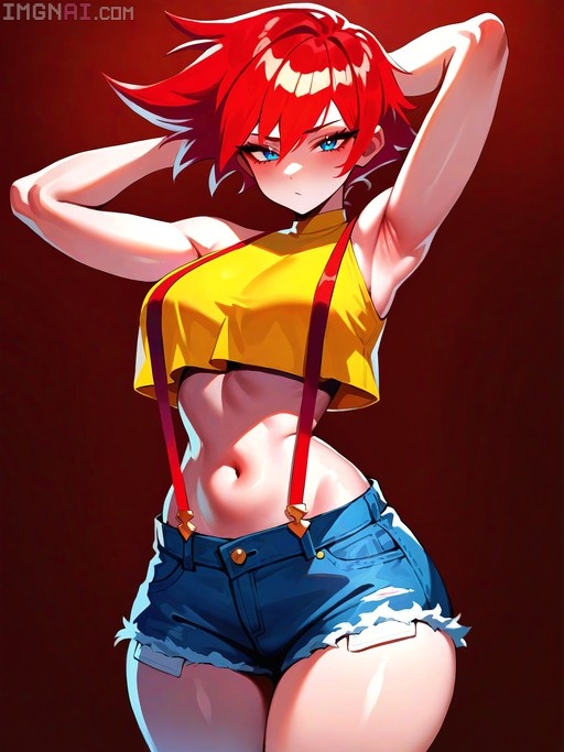 Matoi Ryuko with red hair and blue eyes wearing a yellow crop top, red suspenders, and denim shorts with arms behind her head