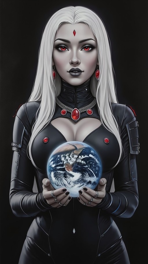 A pale woman with long white hair and red eyes wearing a black bodysuit holds a globe of the Earth in her hands.