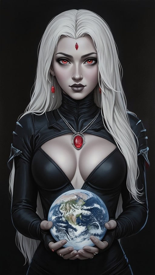 A pale-skinned woman with long white hair and red eyes holds a globe of the Earth in her hands. She wears a black outfit with cutouts and red jewelry against a dark background.