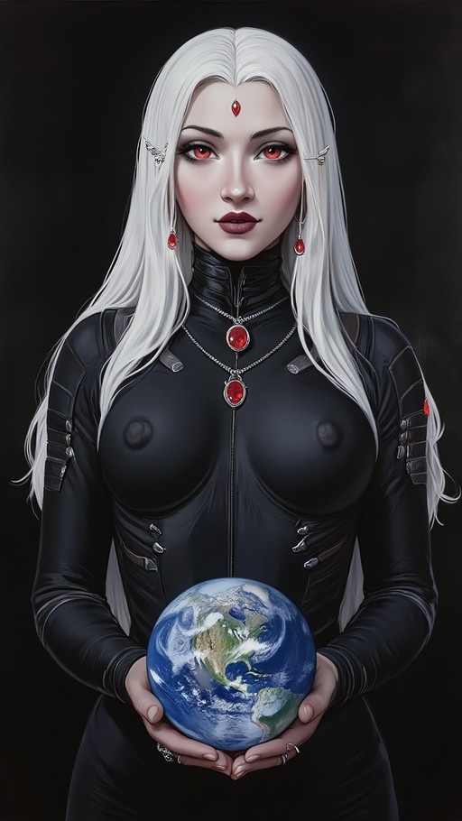 A giantess elf with long white hair and red eyes wearing a black bodysuit holds the planet Earth in her hands.