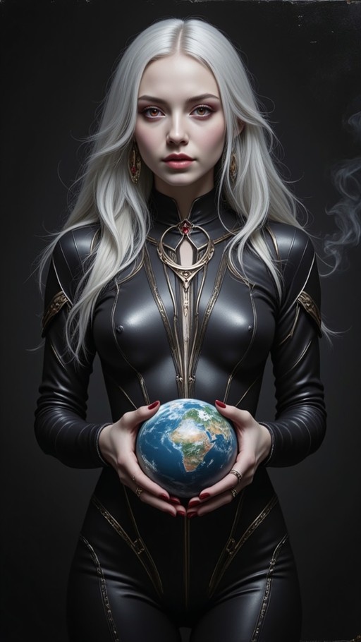 A woman with long white hair and a black bodysuit holds a globe of the Earth in her hands.