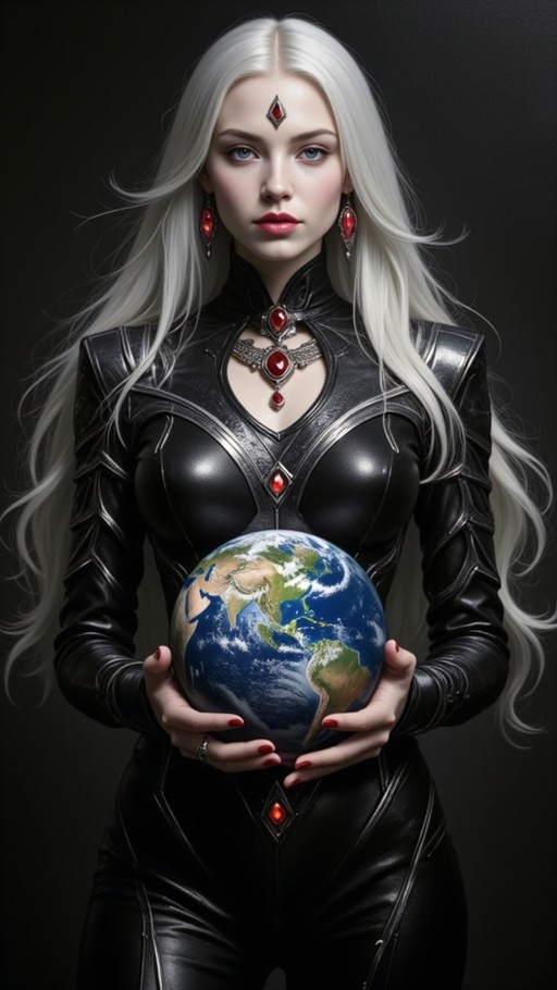 A pale woman with long white hair and blue eyes wearing a black leather outfit with red jewels holds a globe of the Earth in her hands.