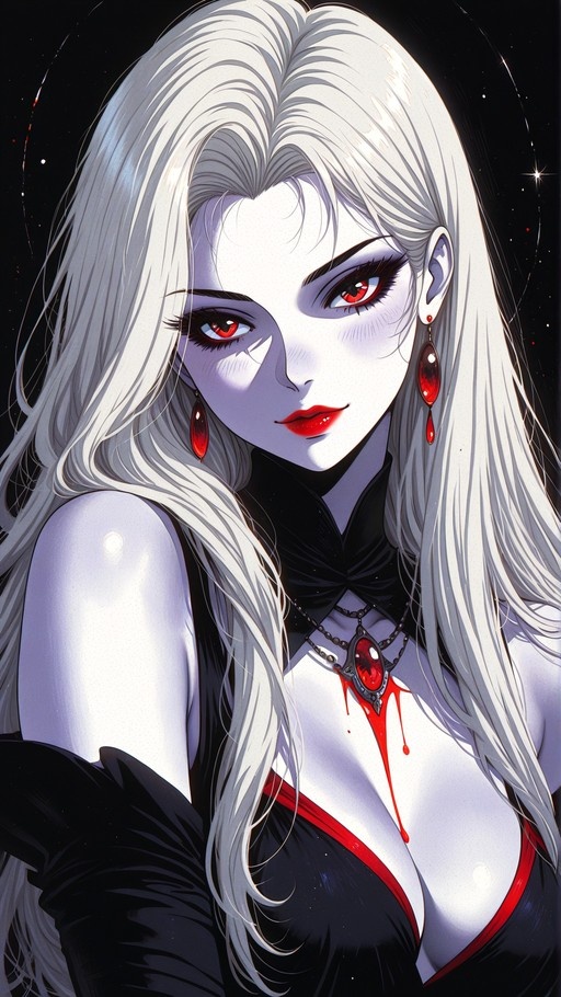 A digital illustration of a pale woman with long white hair and red eyes wearing a black dress and a dripping blood necklace against a dark background.