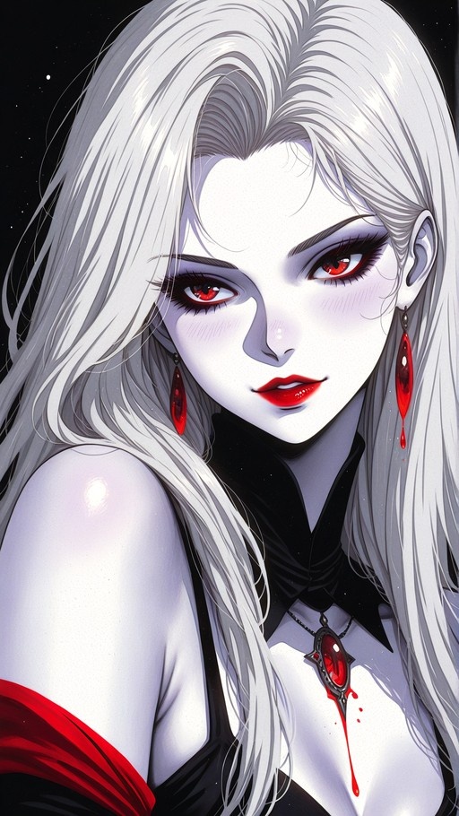 A close-up portrait of a pale-skinned woman with long white hair and red eyes, wearing a black dress and a necklace with a dripping red gemstone against a dark background.