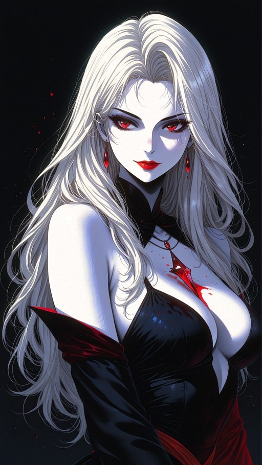A digital illustration of a pale-skinned woman with long white hair and red eyes wearing a black dress with detached sleeves and red jewelry against a dark background.