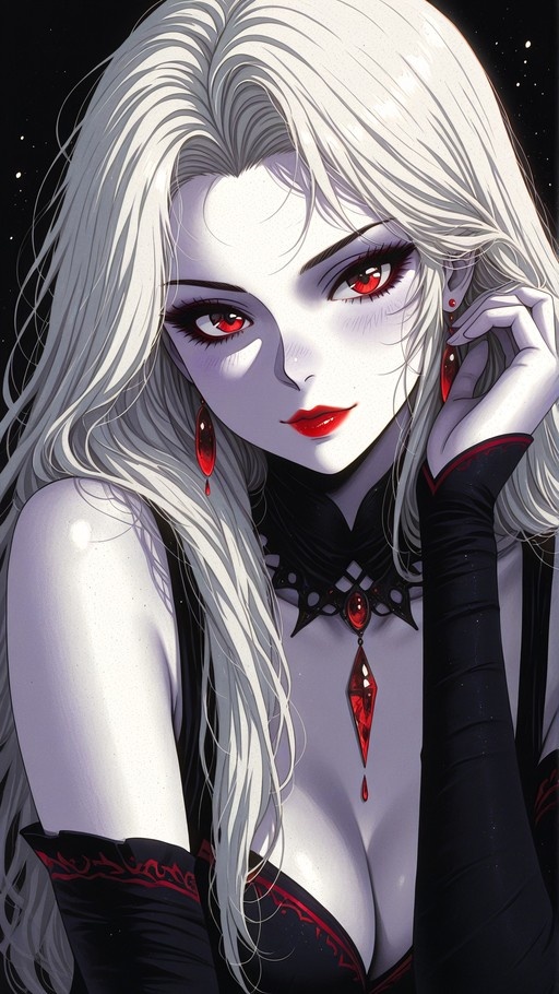 A portrait of a pale-skinned woman with long white hair and red eyes, wearing a black dress and a large red pendant necklace.