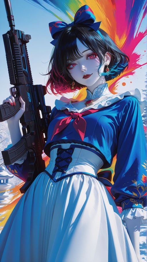 An anime-style girl with short dark hair and red eyes holds a black assault rifle while wearing a blue outfit with a white skirt and a large blue bow.