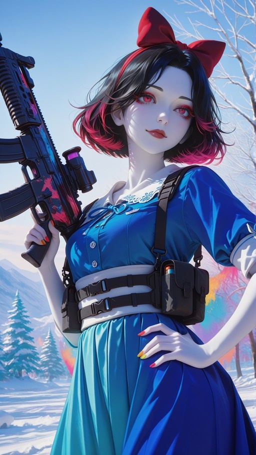 Stylized Snow White in a blue dress holding an assault rifle in the snow.