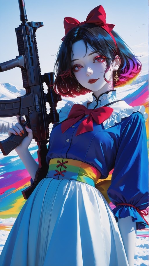 Anime girl with multicolored hair holding an assault rifle in the snow