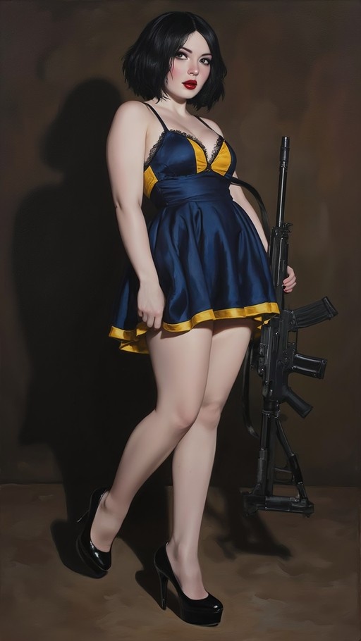 A woman with short black hair and red lipstick stands holding a large black assault rifle while wearing a blue and yellow dress with black platform heels.