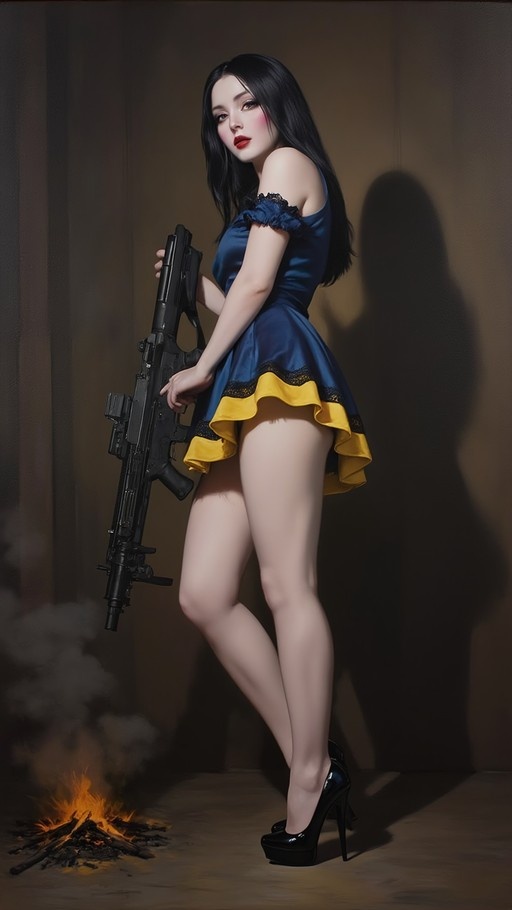 A woman with long black hair in a blue and yellow dress holds an assault rifle while standing near a small fire.