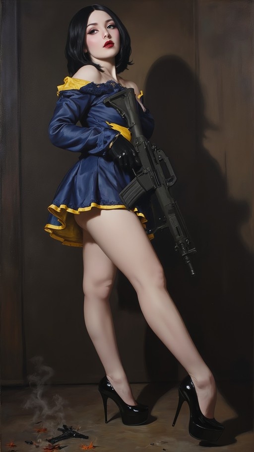 A full-body digital illustration of a black-haired woman in a blue off-shoulder dress and high heels holding an assault rifle, with smoke rising from spent casings on the floor.