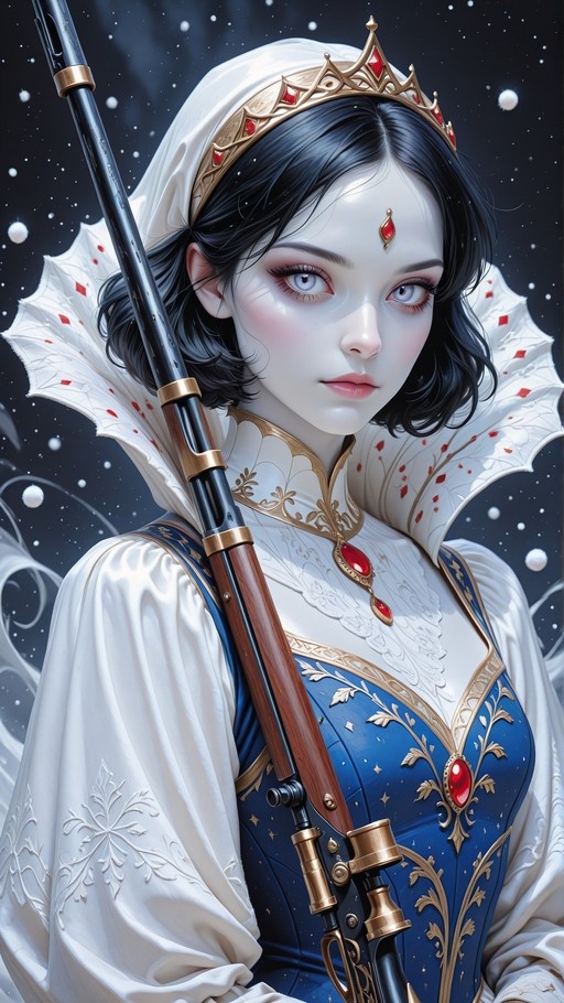 A pale-skinned fantasy warrior queen with short black hair wears a golden crown and white cloak while holding a rifle against a starry background.
