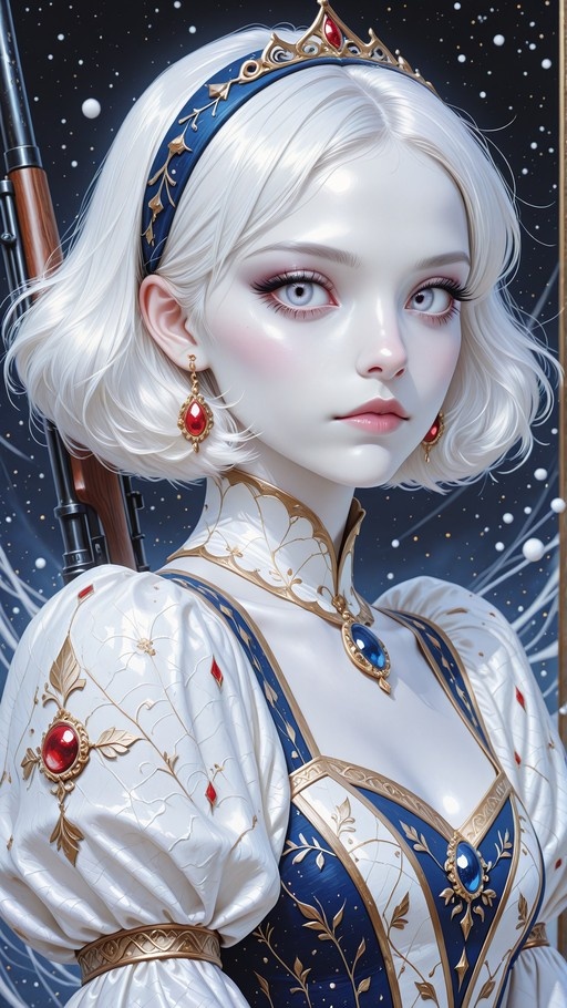 A portrait of a pale-skinned woman with short white hair wearing a blue and white gown with gold trim and red gemstones, holding a rifle against a starry background.