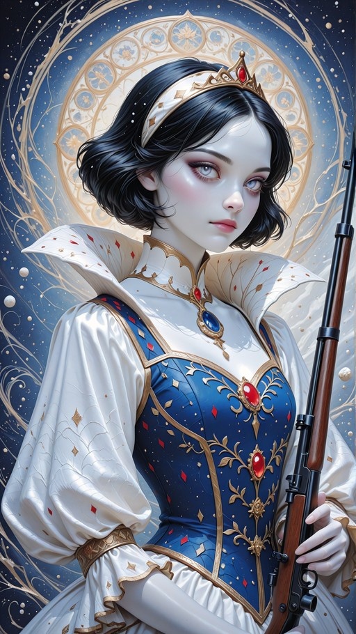 A pale-skinned fantasy princess with short black hair and a golden tiara wears a blue bodice with red gems over a white dress while holding a bolt-action rifle against a swirling blue and gold background.