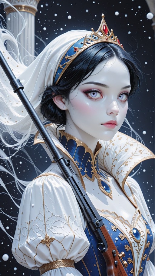 A pale-skinned fantasy princess with black hair and a tiara holds a rifle over her shoulder while wearing an ornate white gown in the snow.