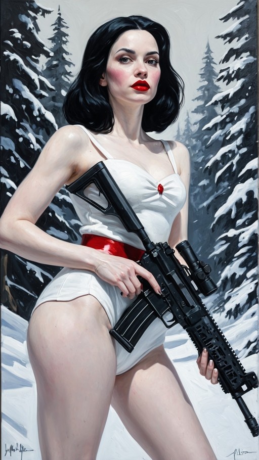 A digital painting of a woman with black hair and red lipstick in a white leotard holding an assault rifle in a snowy forest.