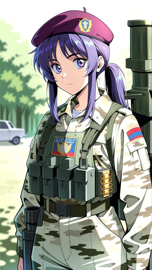 An anime-style illustration of a female soldier with purple hair wearing a camouflage uniform and purple beret, carrying a rocket launcher.
