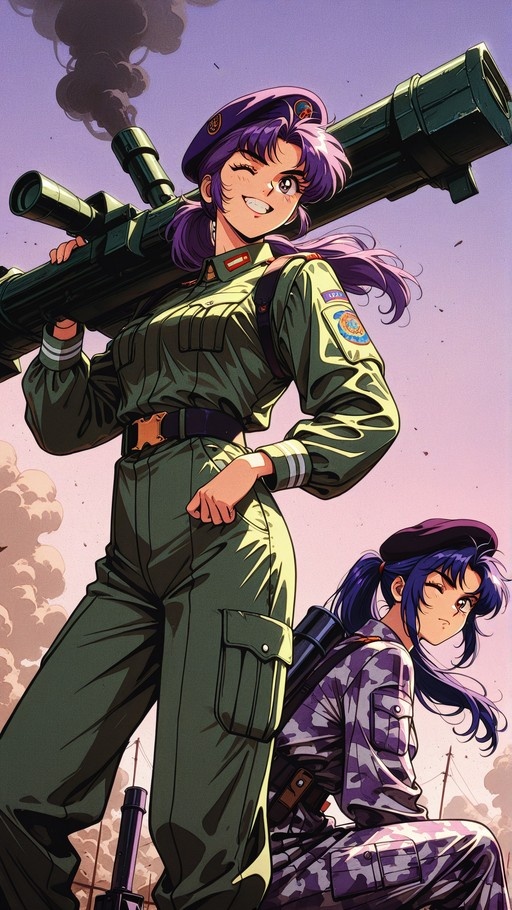 Anime illustration of Misato Katsuragi in a military uniform holding a rocket launcher, winking at the viewer, with a blue-haired soldier in camouflage beside her.