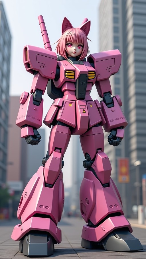 A pink humanoid robot with cat ears and pink hair stands in a city street.