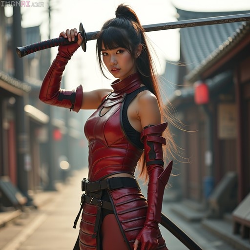 A Japanese woman in futuristic red samurai armor holding a katana over her shoulder on a street with traditional buildings
