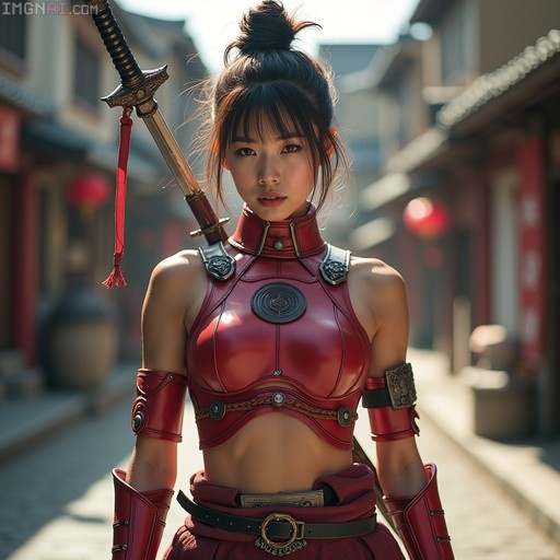 A young Asian woman in futuristic crimson samurai armor stands in a traditional street with a sword strapped to her back.