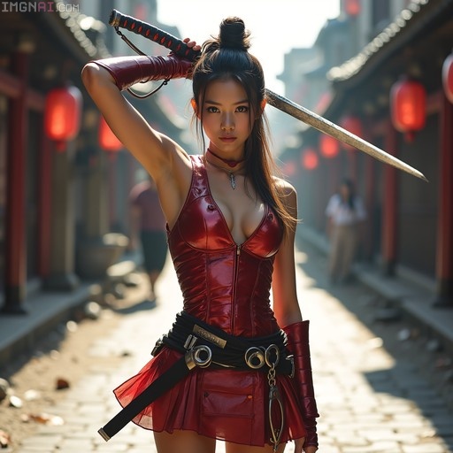 A Japanese woman in shiny crimson futuristic samurai armor holds a katana over her shoulder while standing on an apocalyptic street lined with red lanterns.