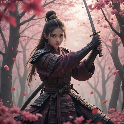 A female samurai in steel armor holding a katana in a cherry blossom forest.
