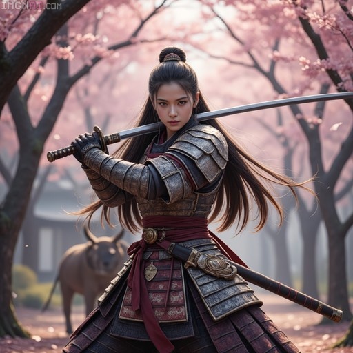 A female samurai warrior in detailed steel armor holds a katana across her shoulders while standing among pink cherry blossom trees.