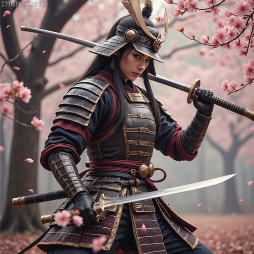 A female samurai in black and red armor holding a katana under cherry blossom trees