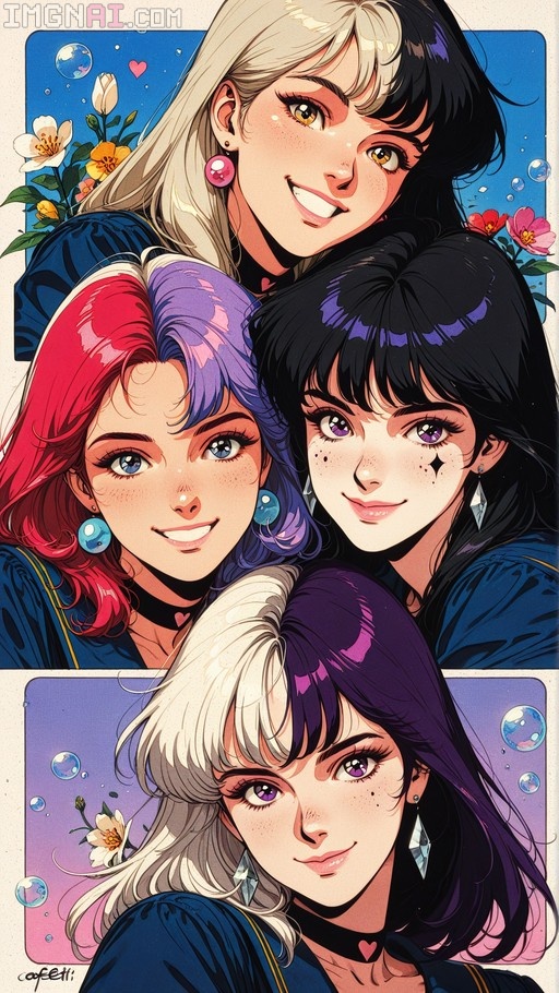 A digital illustration of four smiling anime-style girls with split-color hair and jewelry, surrounded by bubbles and flowers in a vibrant collage composition.