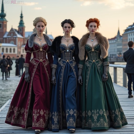 Three women in elaborate red, blue, and green historical gowns with fur collars standing on a wooden pier.