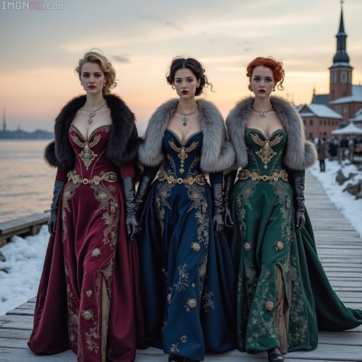 Three women in ornate red, blue, and green velvet gowns with fur stoles standing on a snowy pier at sunset.