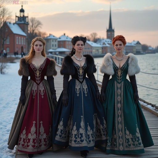 Three women in elaborate red, blue, and green historical gowns with fur stoles standing on a snowy wooden pier in front of European buildings.