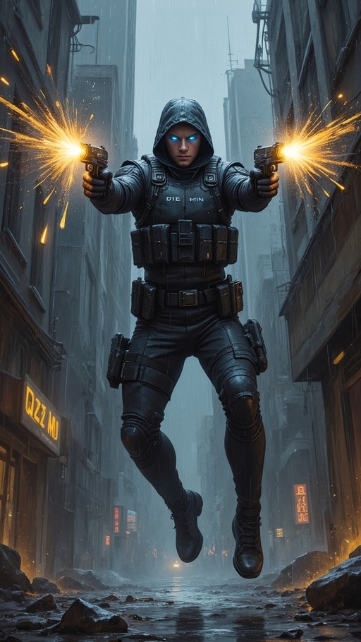 A hooded man with glowing blue eyes jumps through a rainy alleyway firing two pistols.