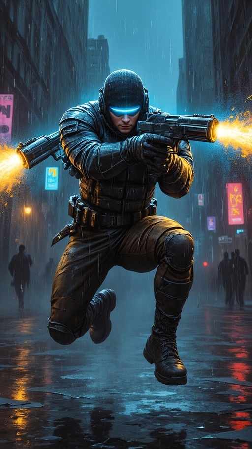 A cyberpunk soldier in tactical gear jumps while firing dual weapons in a rainy neon city street.
