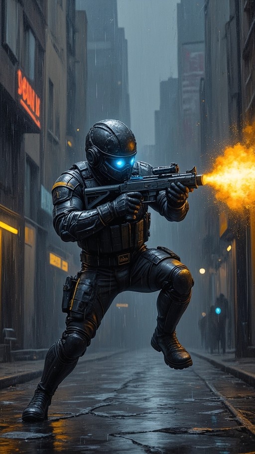 A futuristic soldier in black tactical gear and a helmet with glowing blue eyes fires a submachine gun in a rainy neon-lit city street.