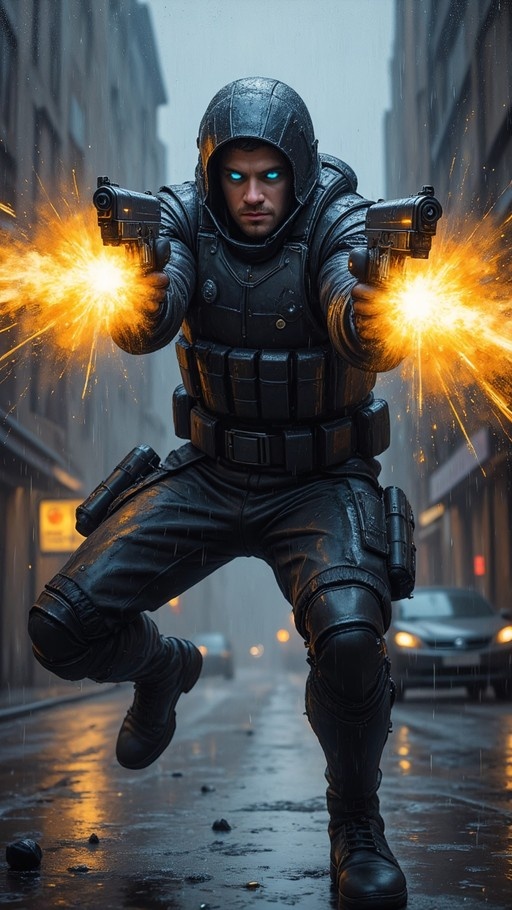 A hooded male soldier in black tactical gear dual-wields pistols with glowing blue eyes in the rain.