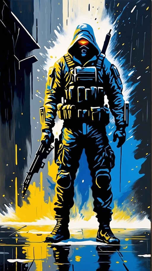 A hooded figure in tactical gear holding an assault rifle stands against a blue and yellow background in a western comic art style.