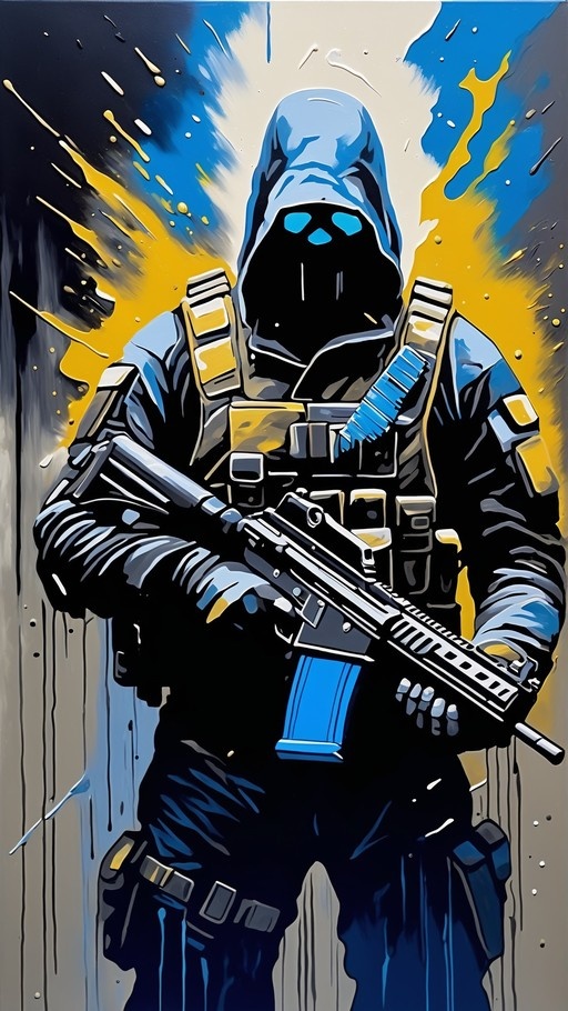 A hooded soldier in tactical gear holding an assault rifle against a background of blue and yellow paint splatters.